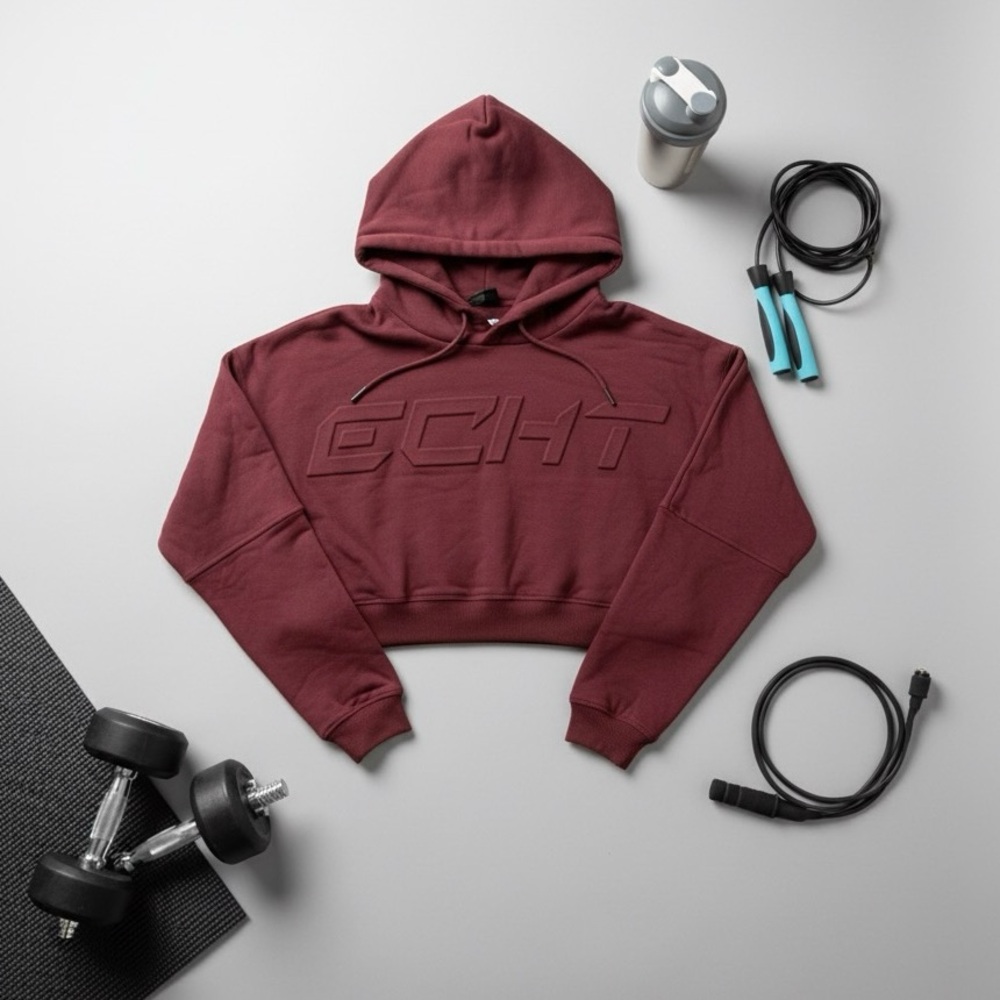 ECMT Embossed Logo Crop Hoodie Sweatshirt - Burgundy/Maroon - Size Small